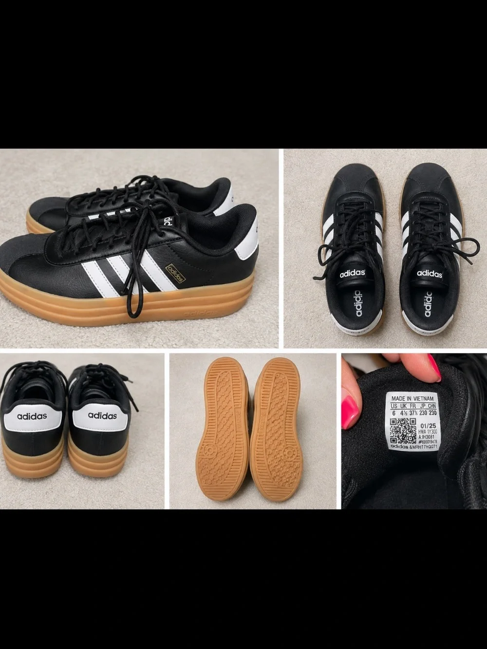 adidas Black White Sneakers with Gum Platform Sole